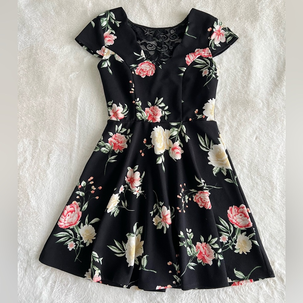Floral Black Dress with Lace